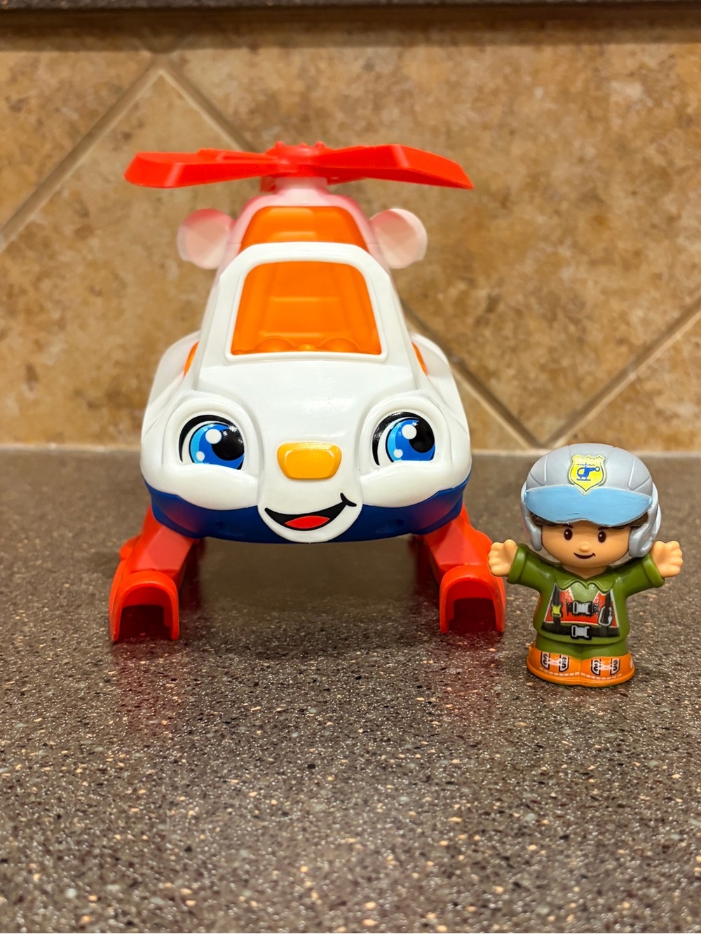 Smiling White & Orange Kids Toy Helicopter with Pilot Figure